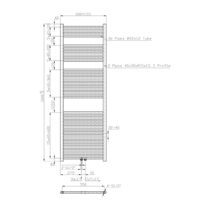 Designradiator Lserie 180x60cm grafiet met midden-onderaansluiting - hoogste kwaliteit